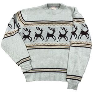 Vintage Grandpa Sweater Men Large Gray Acrylic Knit Nordic Rein Deer 70s 80s
